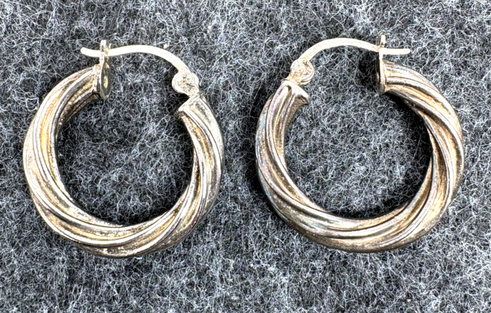 Vintage HAN 925 Sterling Silver Twisted Ribbed Hoop Earrings 1" Grandma's Estate